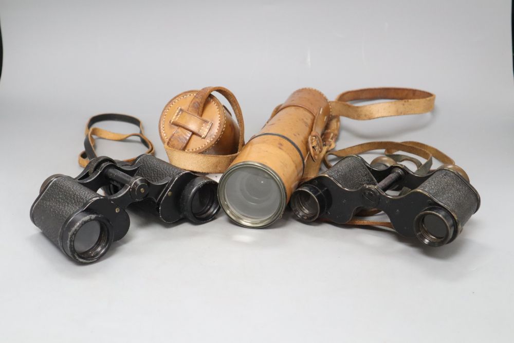 A Parker and Co. 100 yard spotter three draw telescope and two pairs of binoculars